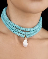 Ettika Triple Strand Turquoise Statement Necklace with Cultivated Pearl Dangle