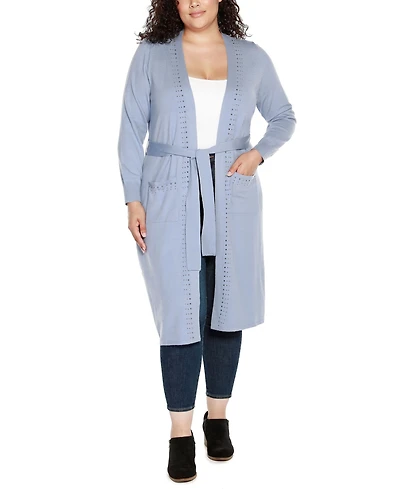 Belldini Black Label Plus Rhinestone-Trim Belted Duster Cardigan Sweater
