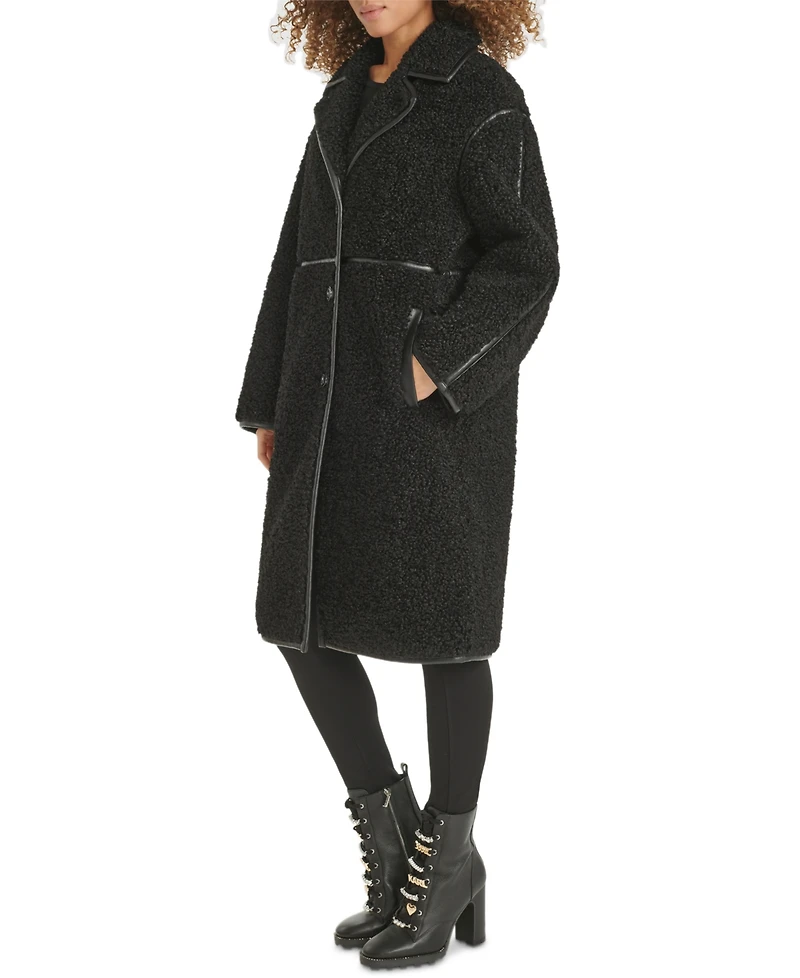 Karl Lagerfeld Paris Women's Faux-Leather-Trim Teddy Coat