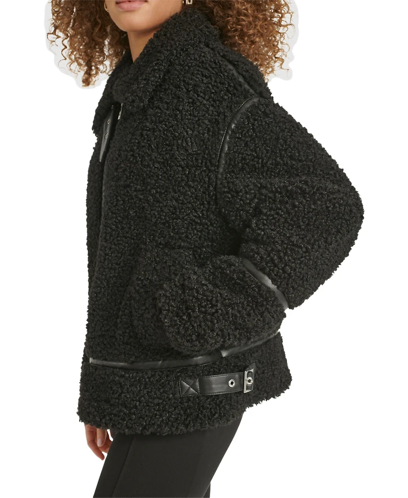 Karl Lagerfeld Paris Women's Faux-Leather-Trim Teddy Moto Coat