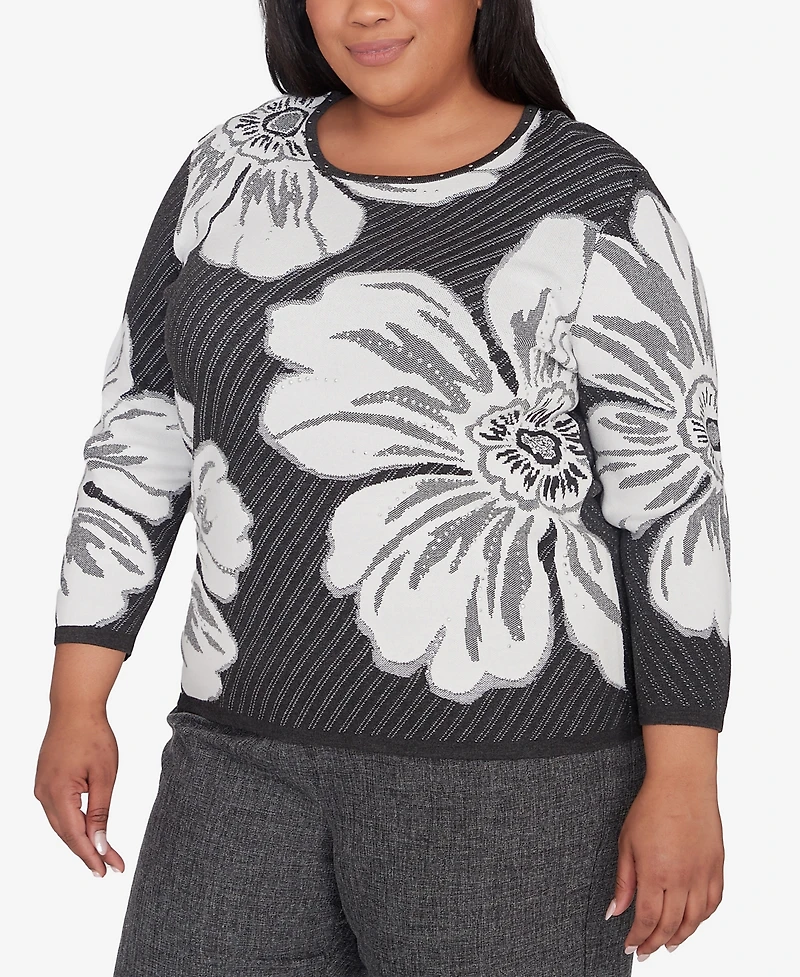 Alfred Dunner Plus Size Worth Avenue Bold Floral Textured Sweater