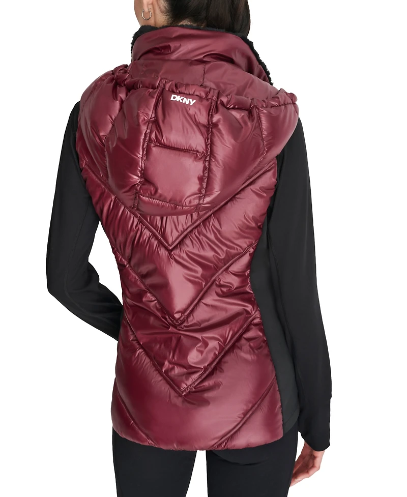 Dkny Women's Hooded Puffer Vest with Contrast Scuba and Teddy Faux Fur Collar