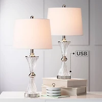 Luca Modern Table Lamps 25.5" High Set of 2 with Usb Charging Port Glass Chrome Silver Metal White Fabric Drum Shade for Living Room Bedroom Hous