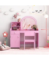 Kid Vanity Table Chair Set 2-Color Led Lights Large Drawer Shelf Cabinet