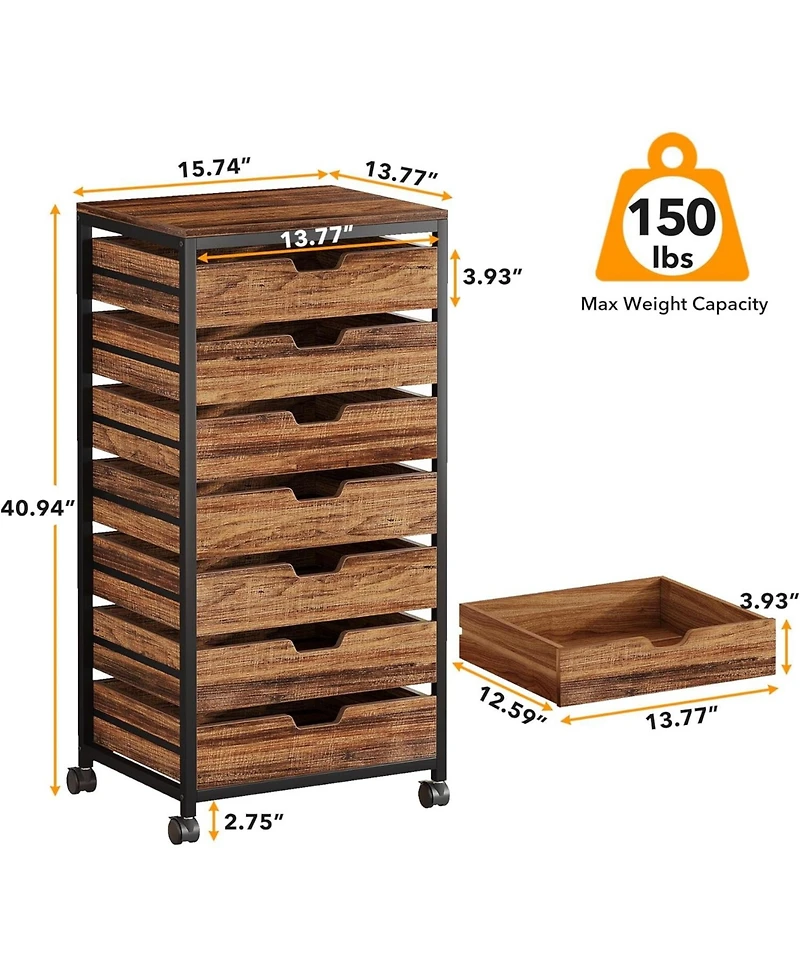 Tribesigns 7 Drawer Chest, Wood Storage Dresser Cabinet with Wheels, Industrial Storage Drawer Organizer Cart for Office Bedroom Entryway (Rustic Brow