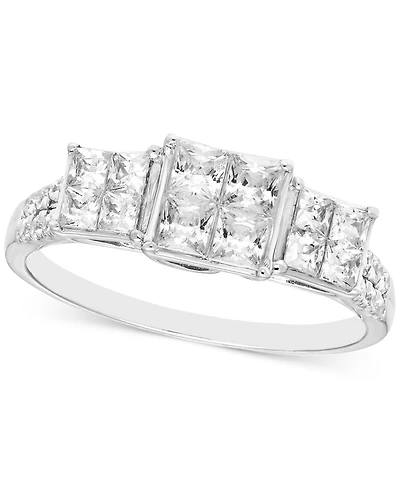 Diamond Princess & Round Triple Cluster Engagement Ring (1 ct. t.w.) in 14k White Gold