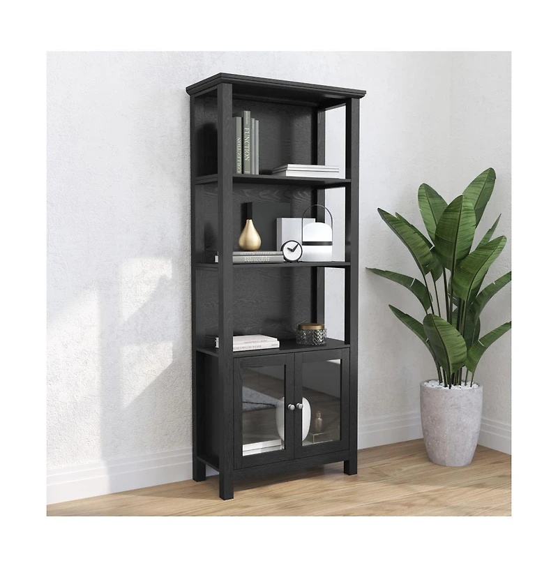 Omaha Modern Farmhouse Storage Cabinet Bookcase, Glass Doors And Open Shelves