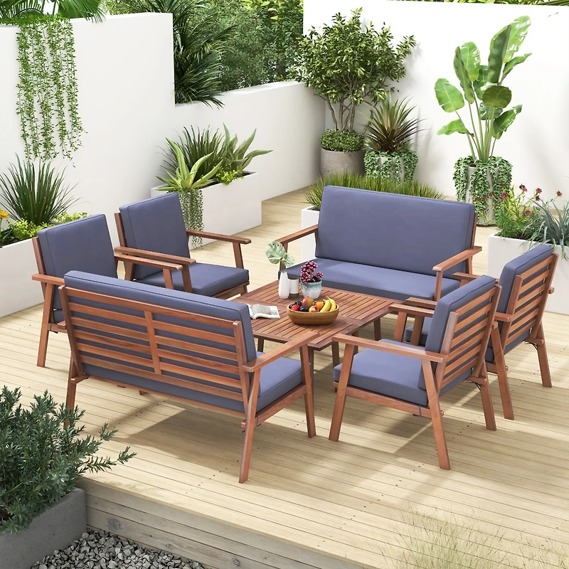 Gymax 8PCS Conversation Set Acacia Wood Sofa Coffee Table w/ Cushioned Seat Patio