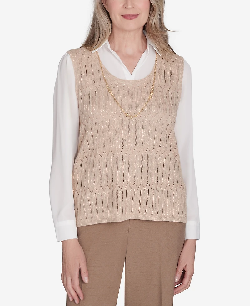 Alfred Dunner Women's Emerald Isle Two in One Textured Vest Top with a Detachable Necklace