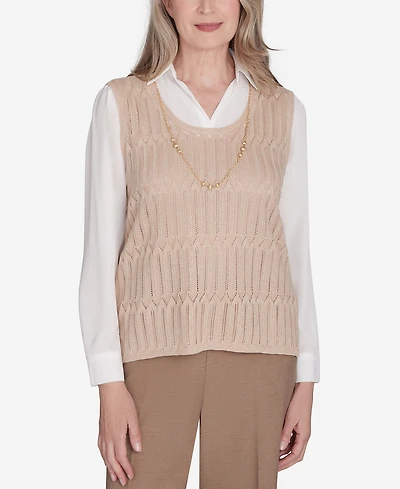 Alfred Dunner Women's Emerald Isle Two in One Textured Vest Top with a Detachable Necklace