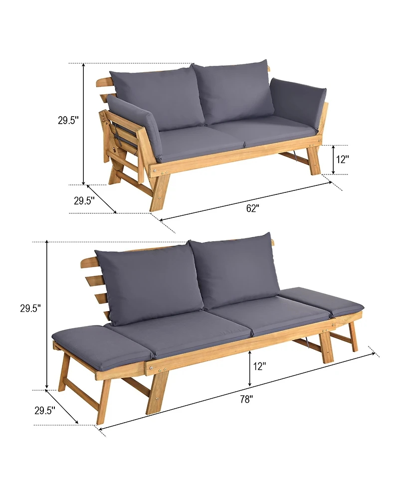 Gymax Adjustable Patio Sofa Daybed Acacia Wood Furniture w/ Cushion Pillow