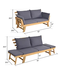 Gymax Adjustable Patio Sofa Daybed Acacia Wood Furniture w/ Cushion Pillow