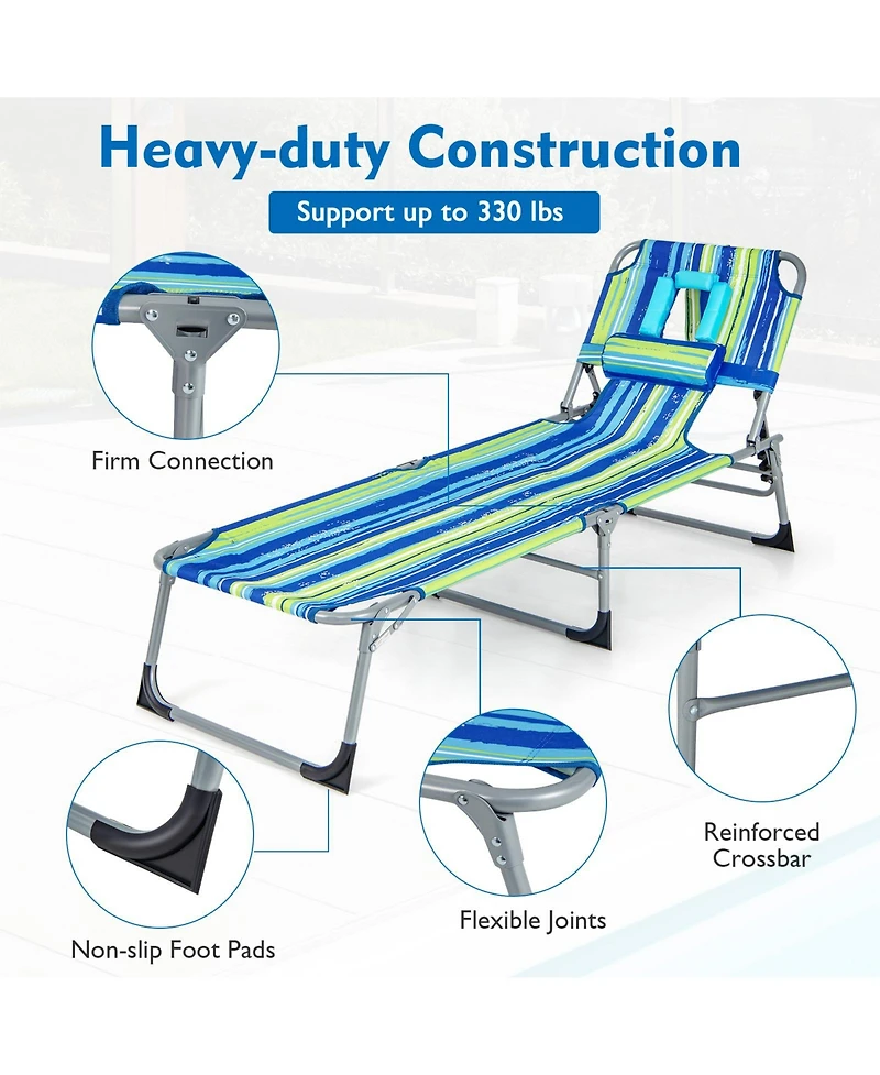Gymax Goplus 2PCS Outdoor Beach Lounge Chair Folding Chaise Lounge w/ Pillow Blue & Green