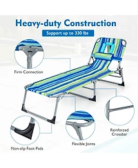 Gymax Goplus 2PCS Outdoor Beach Lounge Chair Folding Chaise Lounge w/ Pillow Blue & Green