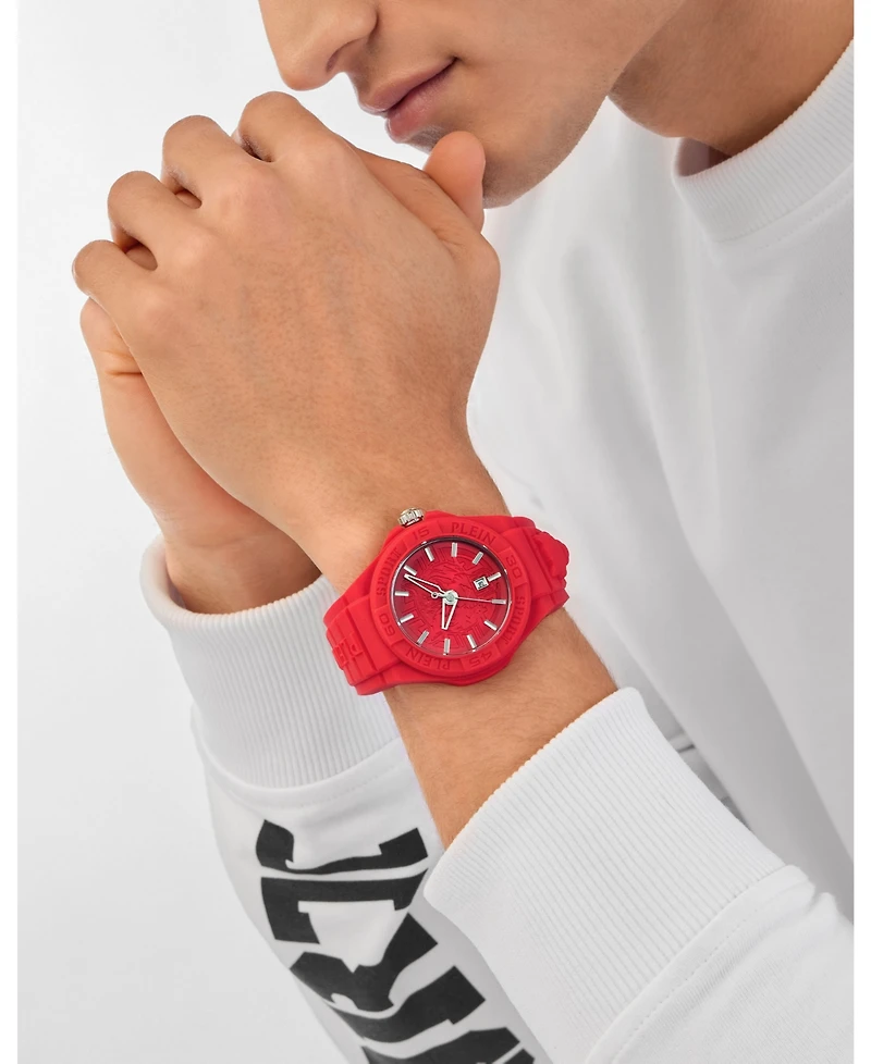 Plein Sport Men's New Fearless 3 Hand Date Quartz Red Silicone Strap 46mm