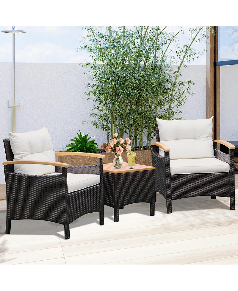 Gymax 3PCS Patio Pe Rattan Conversation Furniture Set Bistro Set Acacia Wood Tabletop