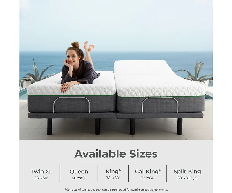 Cariloha Resort Adjustable Mattress Base | Queen | 6" X 9" X 12" | White | Viscose Material | Back, Head & Leg Adjustments, Adjustable Height, Wireles