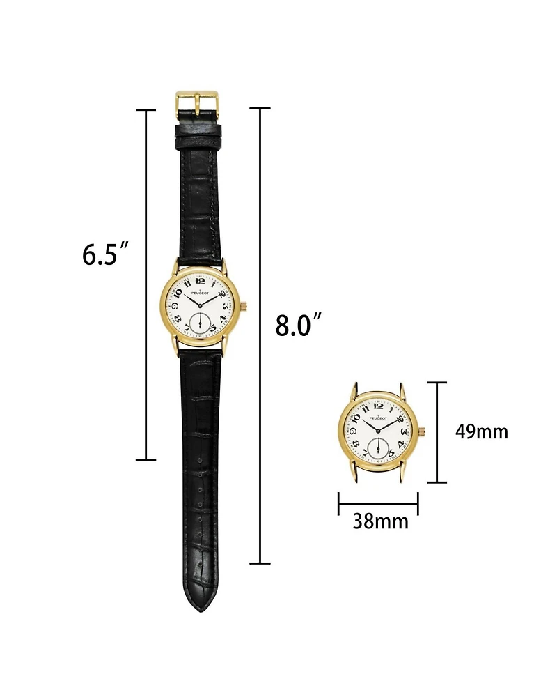 Peugeot Men's Vintage 38mm Round Gold Plated Watch with Black Leather Band