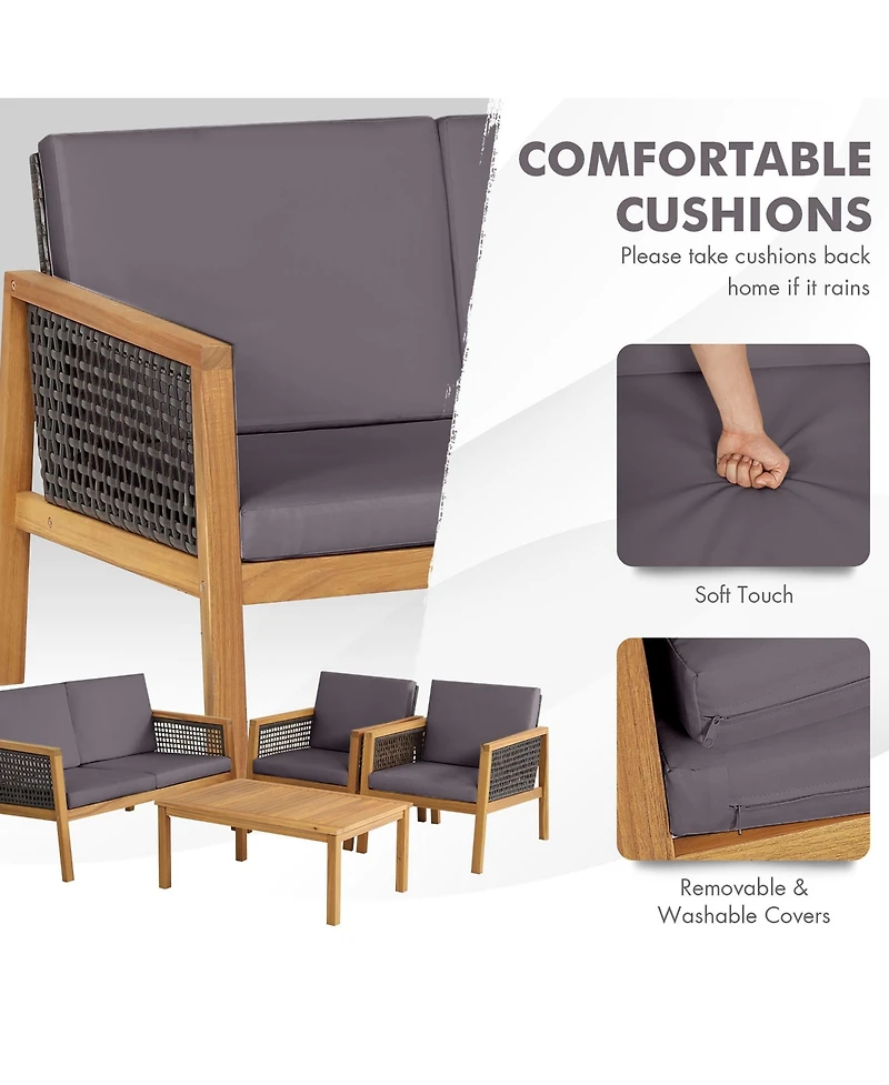 Gymax 4PCS Patio Acacia Wood Furniture Set Pe Rattan Conversation Set w/ Grey Cushions