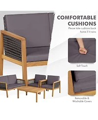 Gymax 4PCS Patio Acacia Wood Furniture Set Pe Rattan Conversation Set w/ Grey Cushions