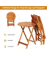 Gymax 3PCS Folding Acacia Wood Bistro Set Patio Conversation Set w/ Red Cushions