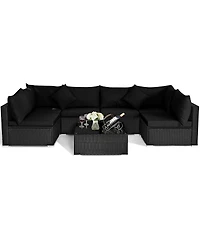 Sugift 7 Pieces Sectional Wicker Furniture Sofa Set with Tempered Glass Top