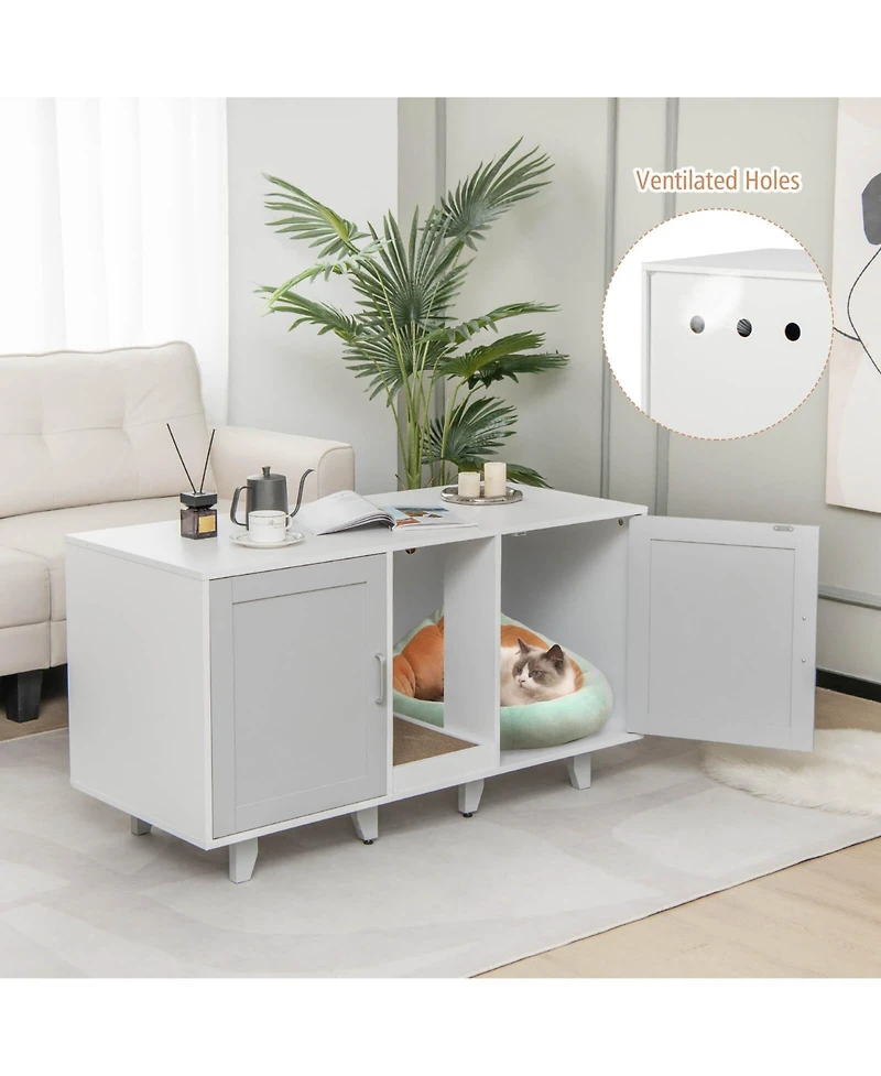 2-Door Cat Litter Box Enclosure with Winding Entry and Scratching Board