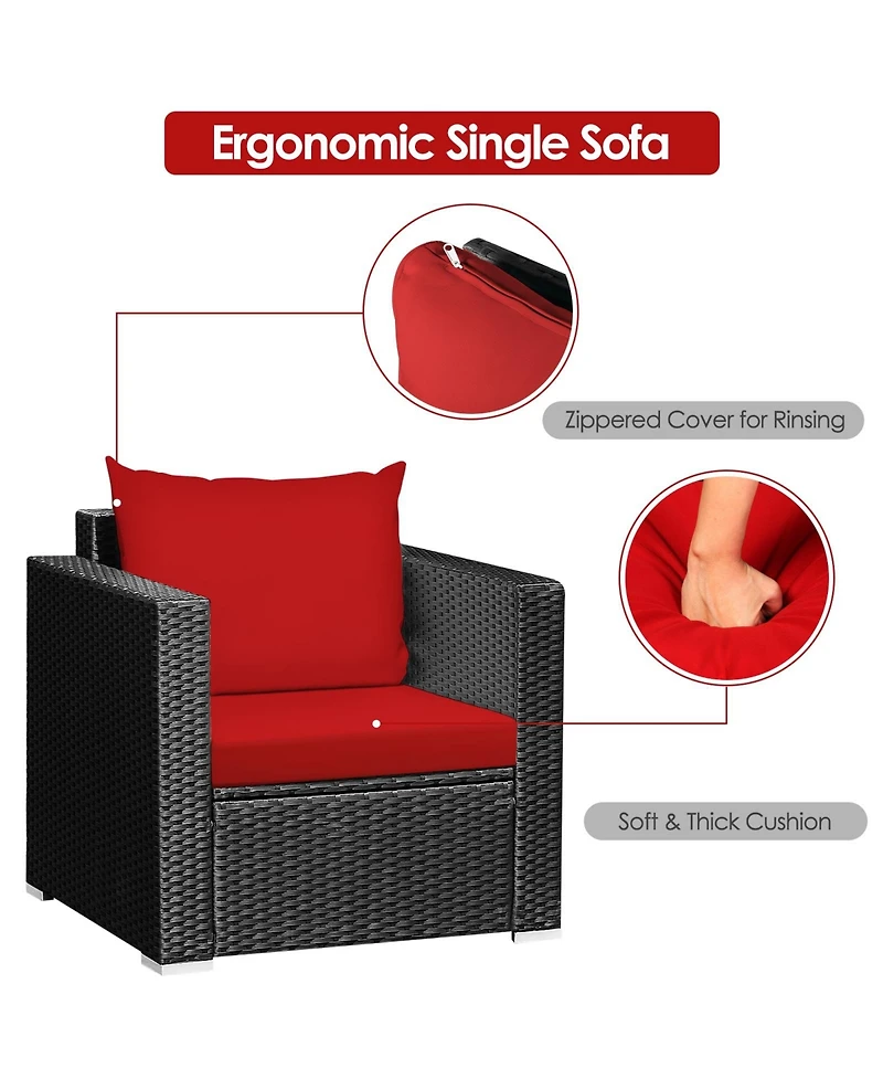 Sugift 3 Pieces Patio Wicker Conversation Set with Cushion-Red