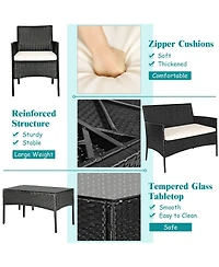 Sugift 4 Pieces Patio Rattan Cushioned Conversation Sets with Tempered Glass Coffee Table