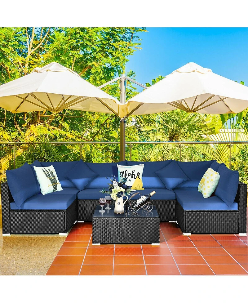 Sugift 7 Pieces Sectional Wicker Furniture Sofa Set with Tempered Glass Top-Navy
