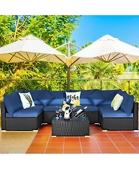Sugift 7 Pieces Sectional Wicker Furniture Sofa Set with Tempered Glass Top-Navy