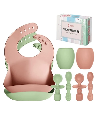 Sperric Toddler Silicone Feeding Set Led Weaning Utensils, Silicone Bibs Feeding Cups Smooth Waterproof Material For Practical Eating, Set of 8