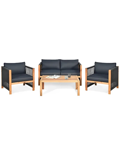 Sugift 4 Pieces Acacia Wood Sofa Set with Cushions for Outdoor Patio-Grey