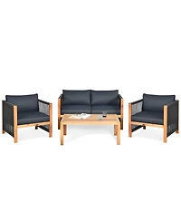 Sugift 4 Pieces Acacia Wood Sofa Set with Cushions for Outdoor Patio-Grey