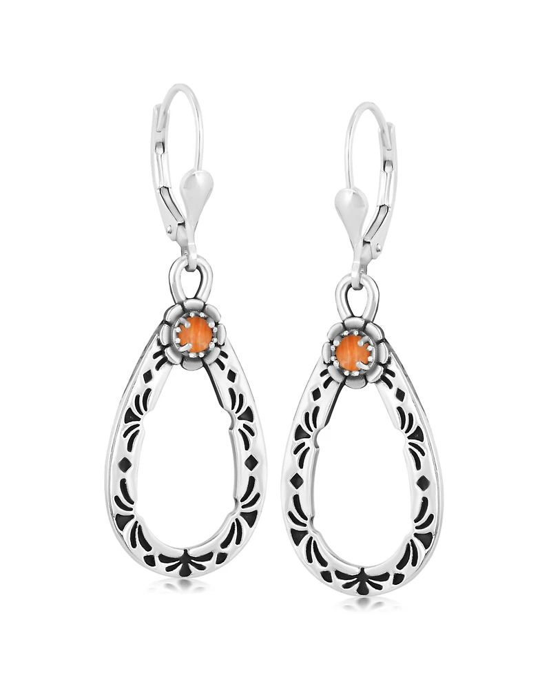 American West Jewelry Sterling Silver Orange Spiny Oyster Gemstone Pear Shaped Lever Back Earrings