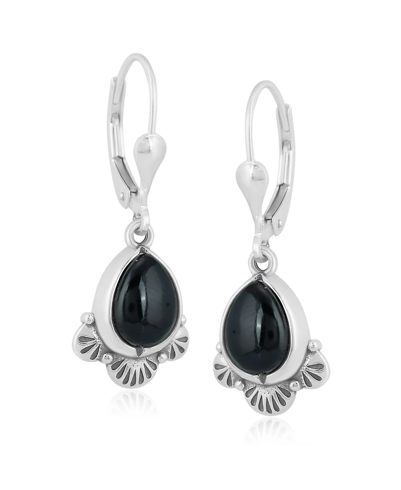 American West Jewelry Sterling Silver and Pear Shape Black Onyx Gemstone Fan Lever Back Earrings