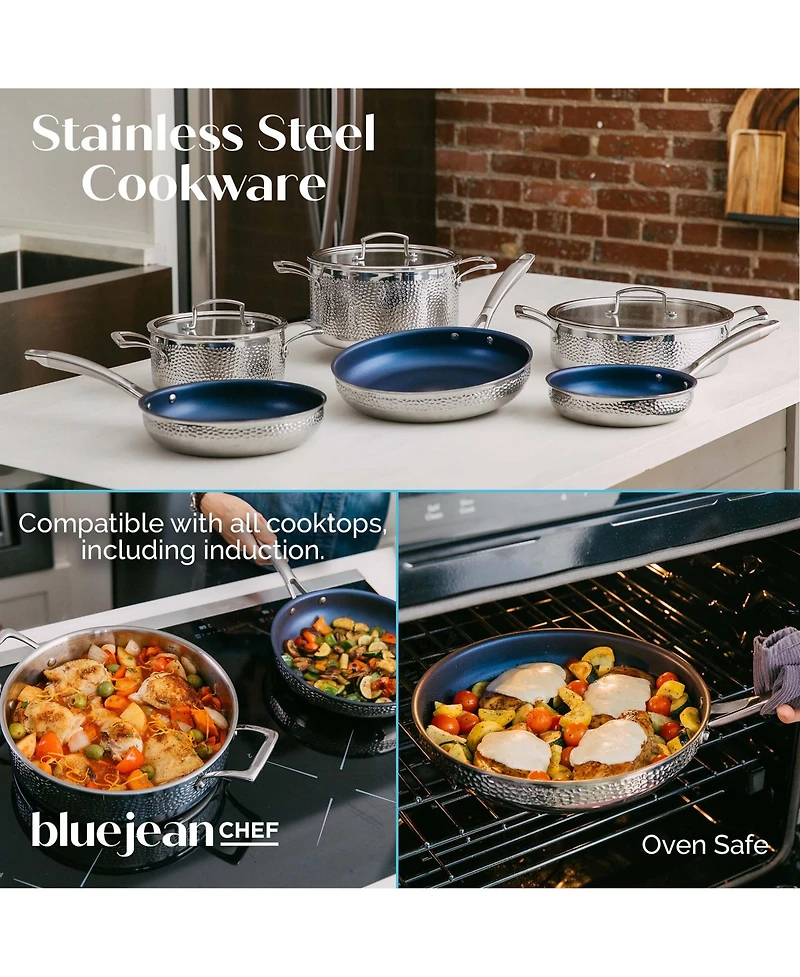 Blue Jean Chef 9-Piece Stainless Steel Cookware Set, Hammered Finish, Tri-Ply Construction Clad Cookware, Nonstick Induction, Oven & Dishwasher Safe