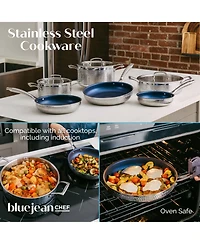 Blue Jean Chef 9-Piece Stainless Steel Cookware Set, Hammered Finish, Tri-Ply Construction Clad Cookware, Nonstick Induction, Oven & Dishwasher Safe