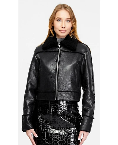 Furniq Uk Women's Genuine Shearling Jacket, Silky Black Inner Black Wool