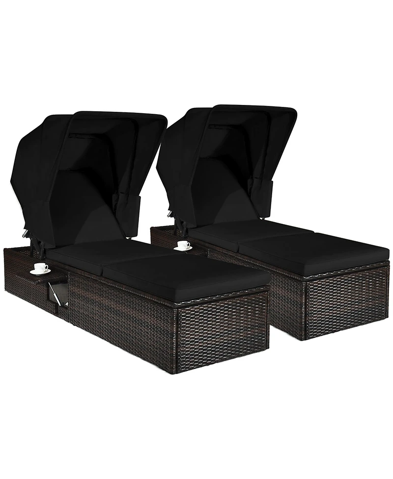 Gymax Set of 2 Rattan Patio Chaise Lounge Chair W/ Adjustable Canopy Black Cushion