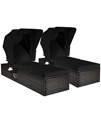 Gymax Set of 2 Rattan Patio Chaise Lounge Chair W/ Adjustable Canopy Black Cushion