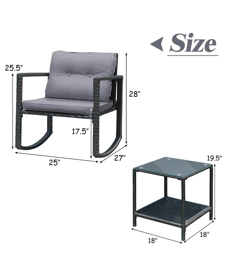 Sugift 3 Pieces Cushioned Patio Rattan Set with Rocking Chair and Table