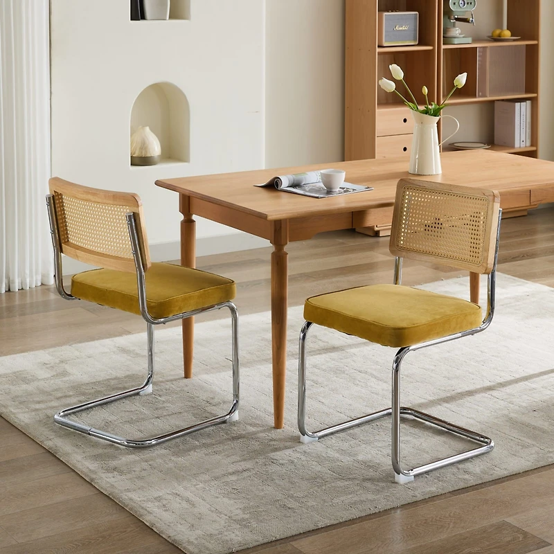 Streamdale Furniture Luxurious Velvet Upholstered Armchair with Rattan Back and Steel Pipe Frame