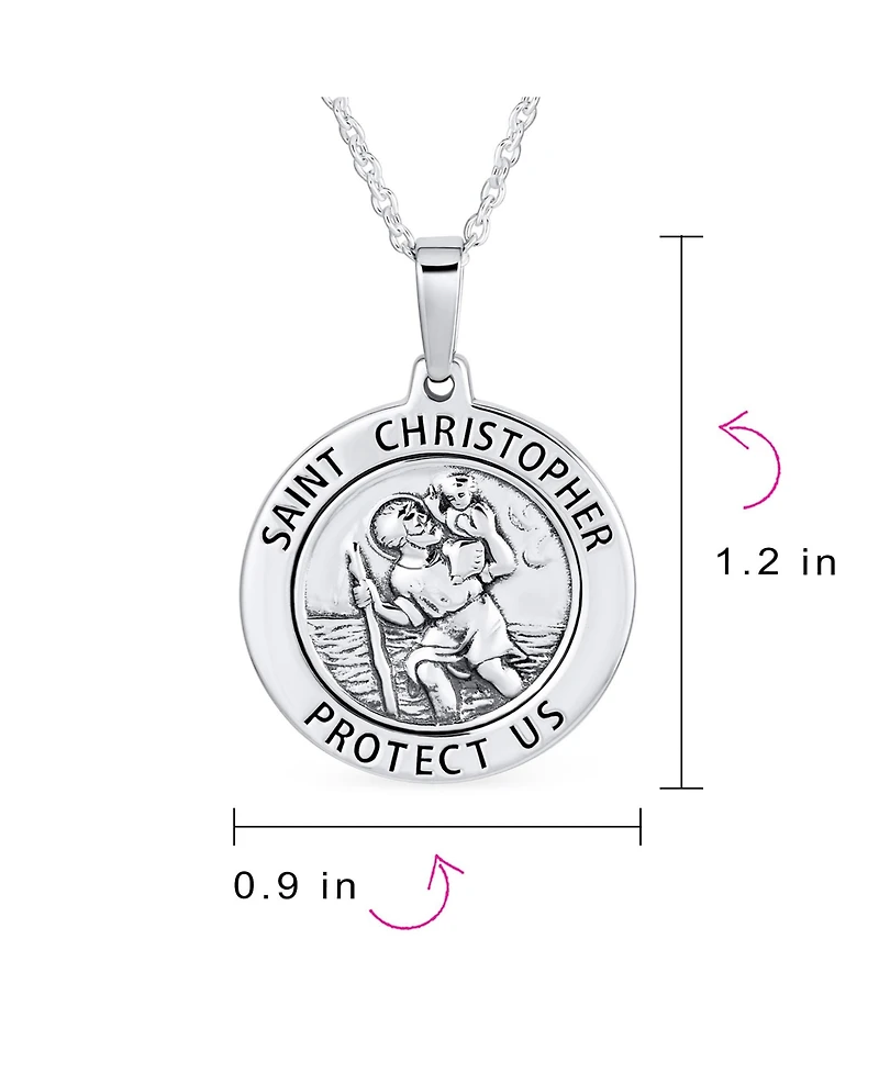 Bling Jewelry Large Size Patron Of Safe Travel "Protect Us" Religious Medal Medallion Round Saint Christopher Pendant Necklace Sterling Silv