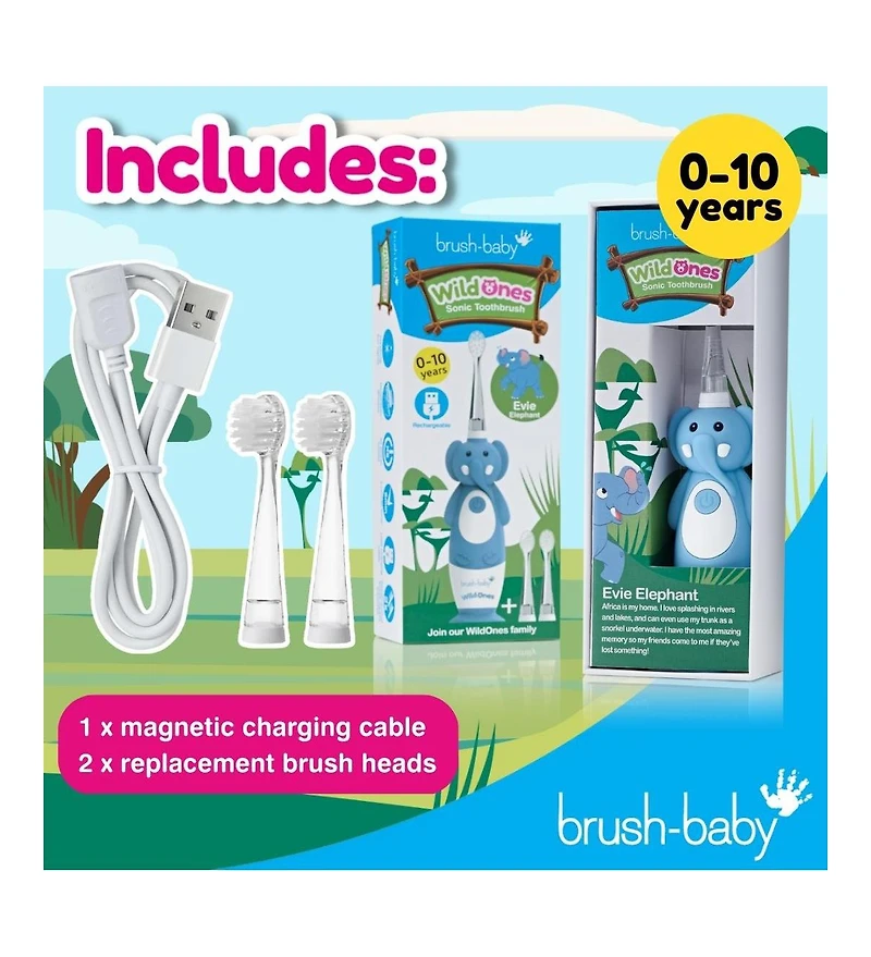 brush-baby WildOnes Elephant Kids Electric Rechargeable Toothbrush | Childrens Electric Toothbrush | Animal Character Toothbrush