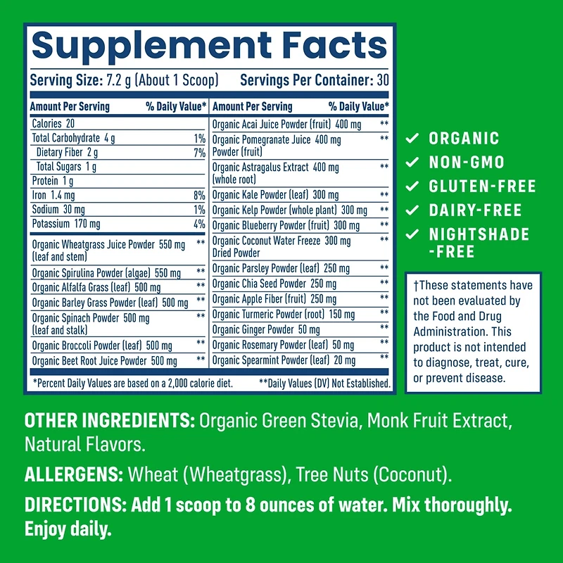 NativePath Native Greens Superfood Powder – Organic Greens, Spirulina, Beet Root Powder, Digestive Enzymes, Probiotics, Nightshade-Free, Natura
