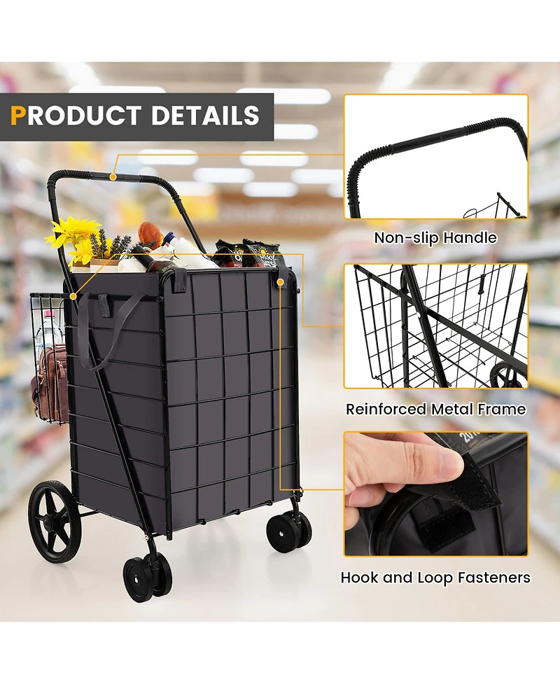 Slickblue Folding Rolling Shopping Cart with Waterproof Liner and Basket-Black