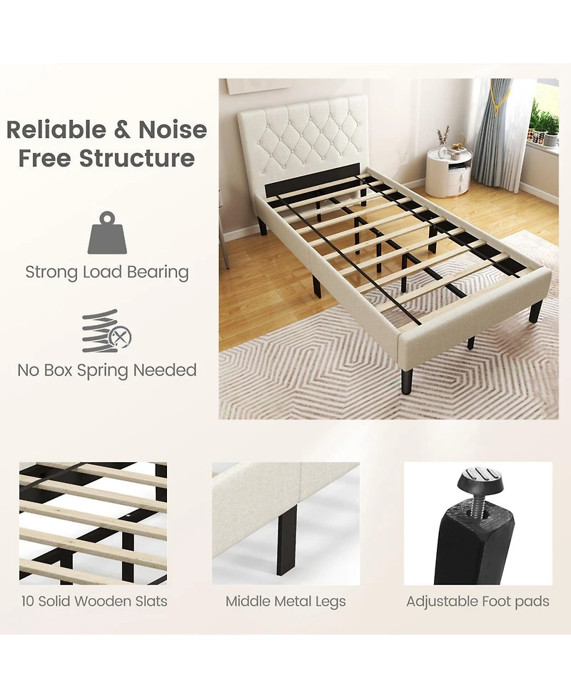 Twin Size Upholstered Platform Bed with Button Tufted Headboard-Beige