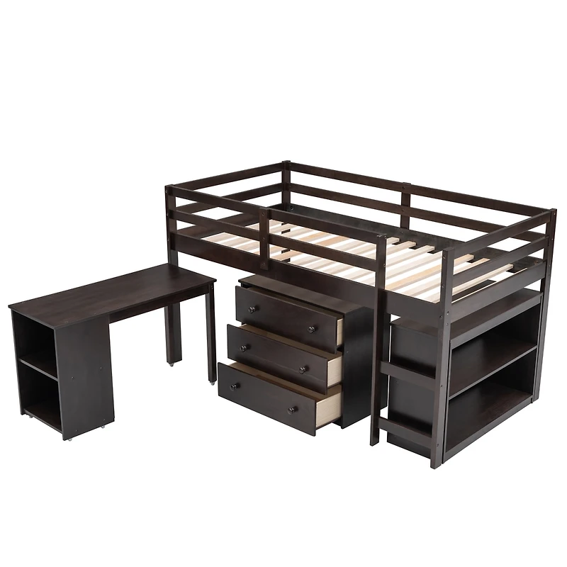 Streamdale Low Study Twin Loft Bed With Cabinet And Rolling Portable Desk