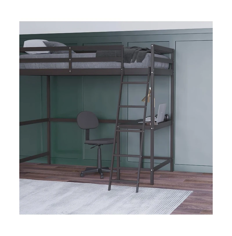 Emma+Oliver Ridley Twin Wood Loft Bed Frame With Protective Guardrails And Integrated Desk Ladder For Use Any 6-8" Thick Mattress